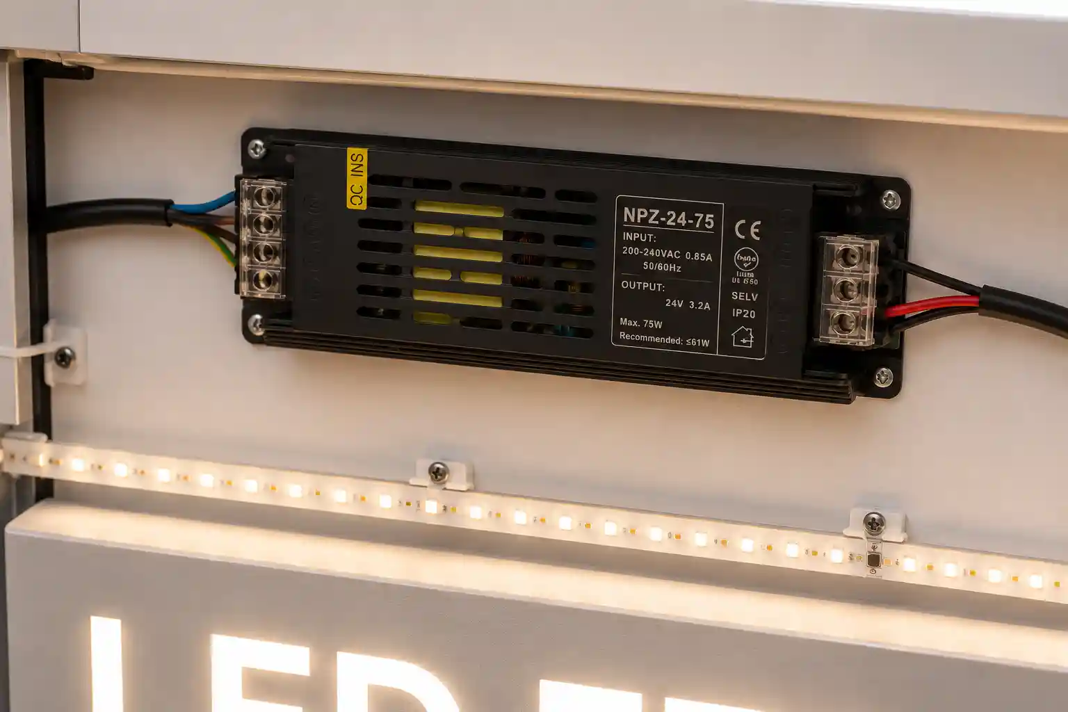 Výkon a účinnost LED napájecího zdroje 24V 75W derating křivka doporučené zatížení 61W pro LED pásky